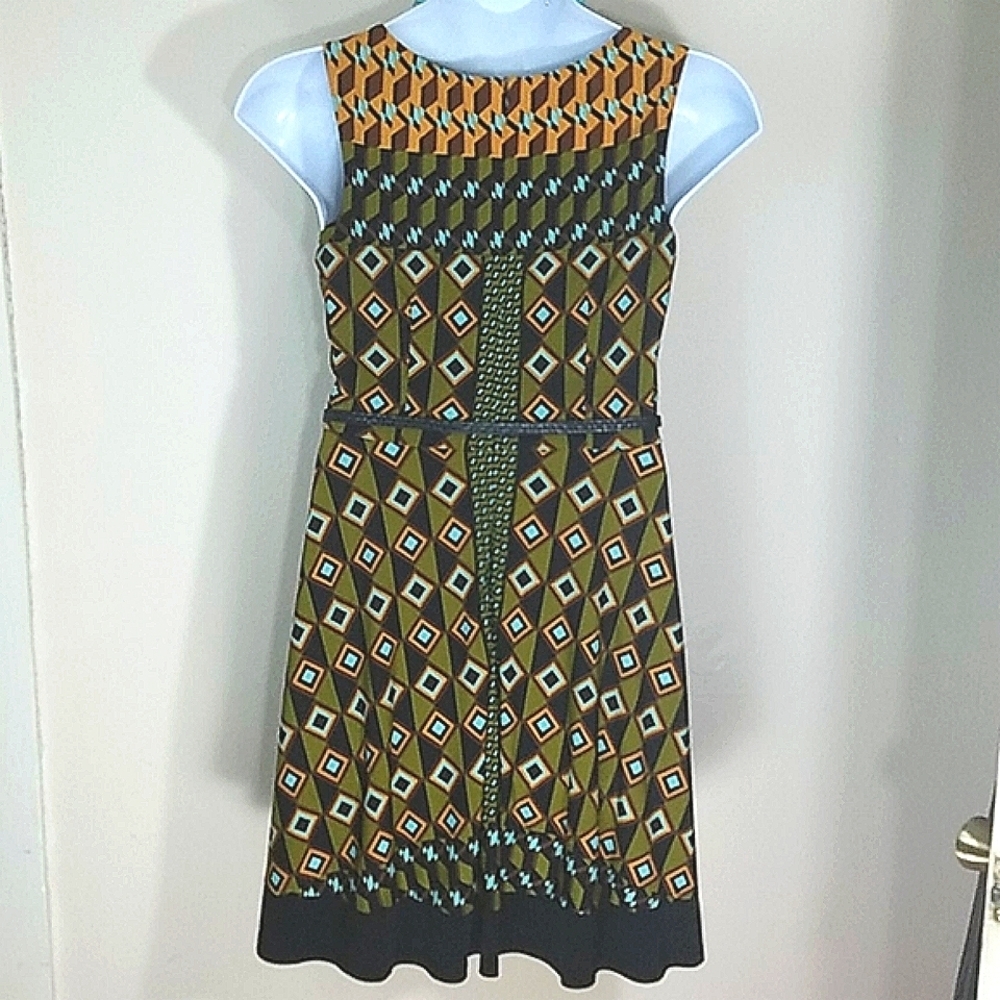 AGB Geometric Print Midi Dress Jewel Neck Sleeveless Career Office Teacher Artsy - Picture 5 of 8